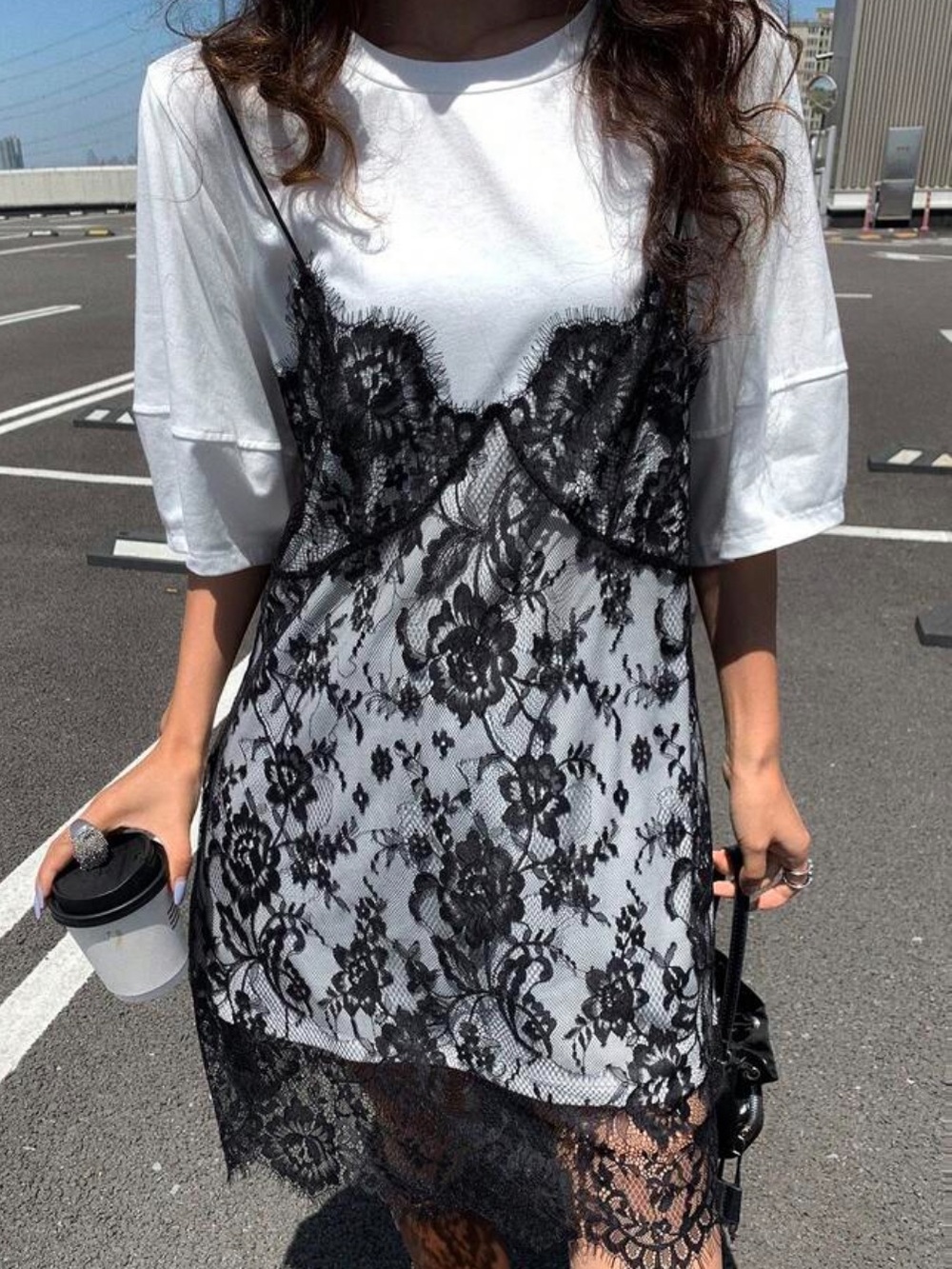 Black Lace Slip Mini Dress Layered Over White Tee